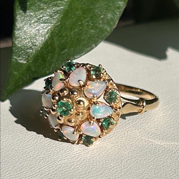 14K Yellow Gold “FM” Natural Fiery Opals & Green Emeralds Ring - Picture 3 of 9